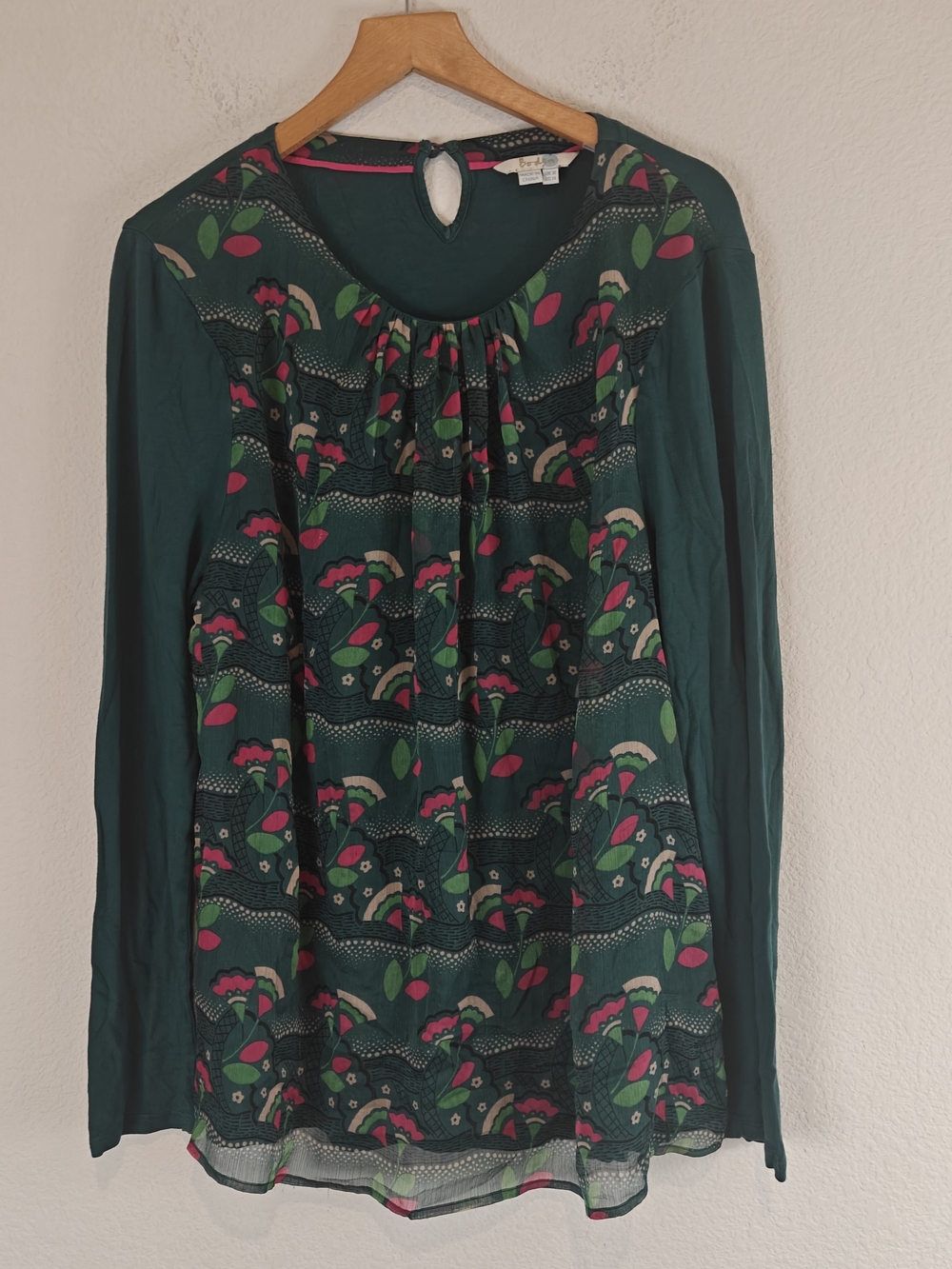 Boden Matilda Mixed Media Floral Chiffon Top Green Pink Pleated Long Sleeve 14